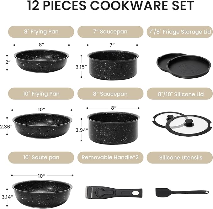 Simple Deluxe 12 Pcs Cookware Set, Non-Stick Pots and Pans Set, with Black Granite Texture and Detachable Handles, Resistant to High Temperatures, Oven Safe, PFAS and PFOA Free, Black