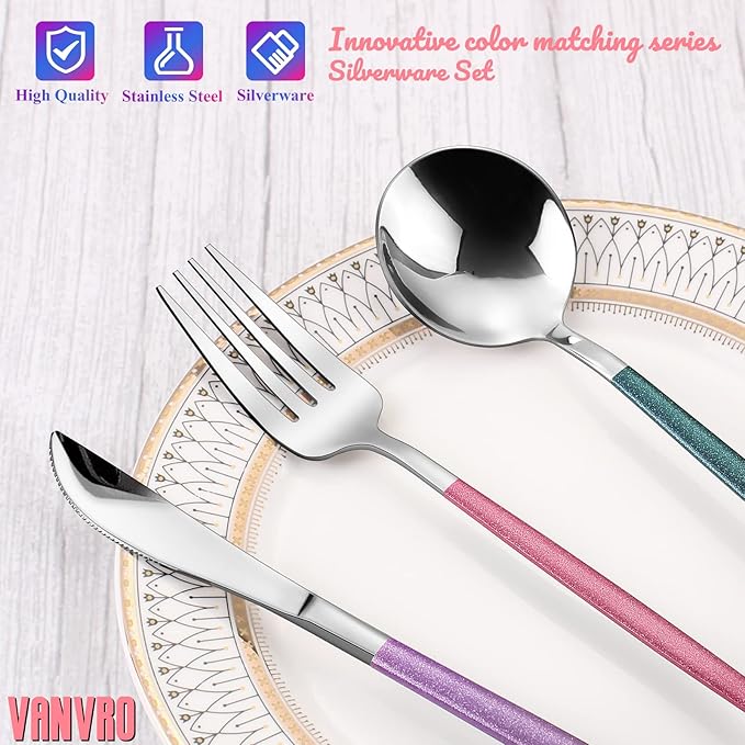 VANVRO Mirror Silver multicolor Silverware Set, 20-Piece Stainless Steel Flatware Set, Satin Finish tableware Cutlery Set, Service for 4, Home and Restaurant, Dishwasher Safe