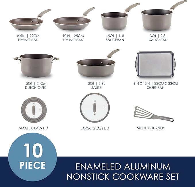 Rachael Ray Cook + Create Nonstick Cookware/Pots and Pan Set, 10 Piece, Gray