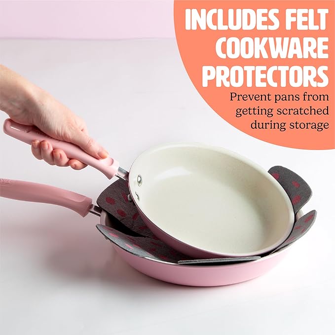 Tasty Clean Ceramic Non-Stick Aluminum Cookware Set, Tempered Glass Lid, Dishwasher Safe, 16-Piece, Pink
