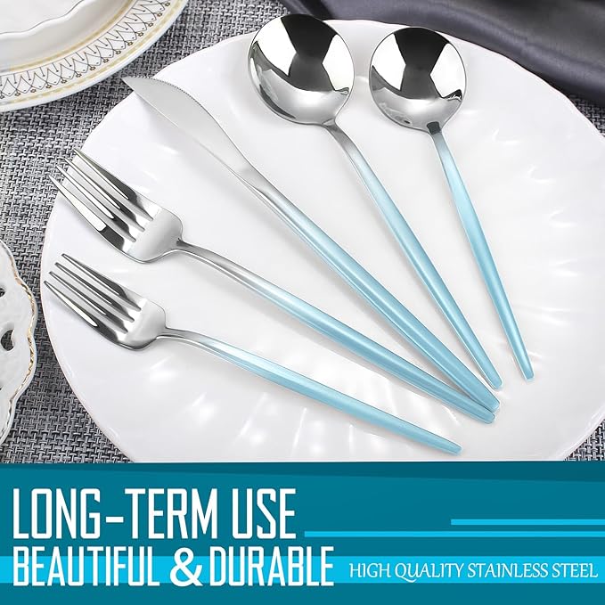 VANVRO Gradient Blue Silverware Set, 20 Piece Stainless Steel Flatware Set, Kitchen Utensil Set include Knife/Fork/Spoon,Cutlery Service for 4,Mirror Polished