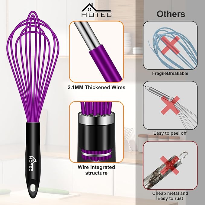 HOTEC 4 Pieces Silicone Whisks for Cooking, Wire Balloon Whisks Egg Beater, Non-Slip Handle Whisk for Non-Stick Cookware Perfect for Stirring, Beating and Blending, Stainless Steel, Purple