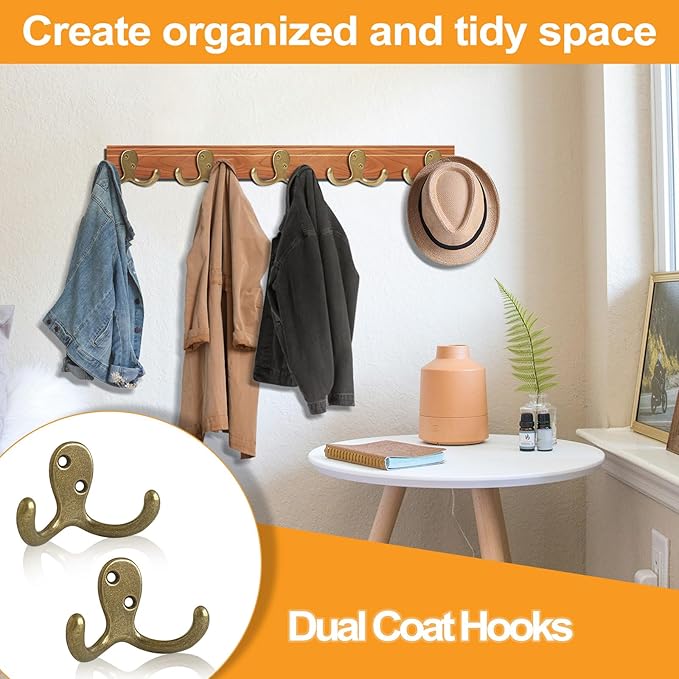 15 Pack Coat Hooks Wall Hooks for Hanging, Heavy Duty Double Prong Metal Hook Wall Mounted for Living Room, Bathroom, Kitchen, Bedroom for Coat, Bag, Scarf, Towel, Hat, Key, Cup (Bronze)