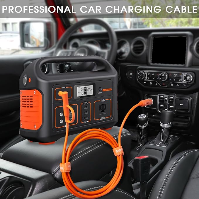 Car Charging Cable for Jackery Power Station Explorer 3000 2000 1500 1000 500 300 240-14AWG Heavy Duty 12V/24V Cigarette Lighter Charger with Adapters & Fuse, 15FT Orange Accessories