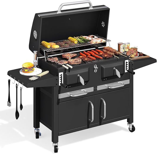 MELLCOM 36 In Large Charcoal Grills - 620 Sq.In Oversized BBQ Area with Storage Cabinet & Individual Lifting Charcoal Trays, Foldable Side Tables and Thermometer for Outdoor, Patio, Balcony