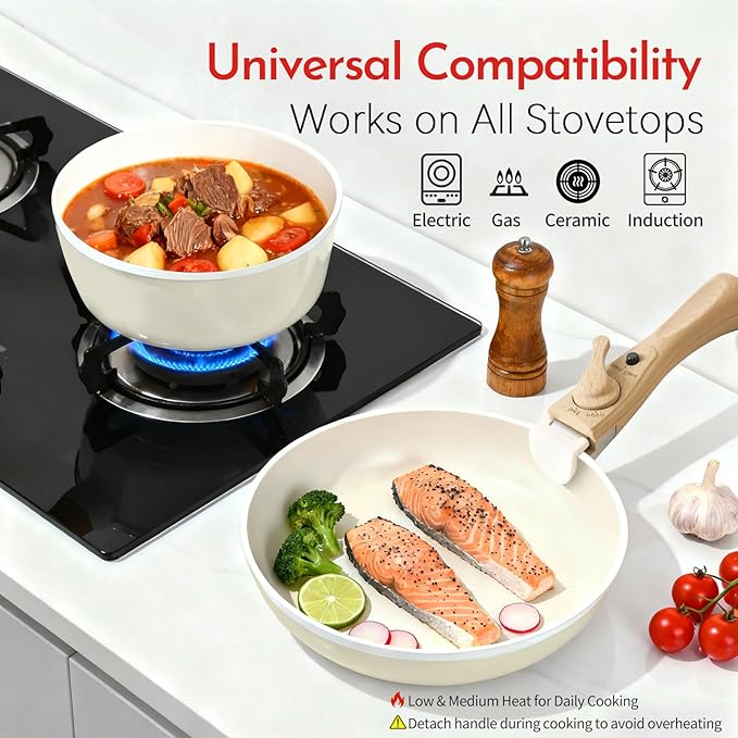 Heapsion 18-Piece Ceramic Nonstick Cookware Set, PFAS/PFOA/PTFE-Free & Non-Toxic Pots and Pans Set with Detachable Handles, Dishwasher Safe & Induction Compatible for Kitchen & RV Cooking