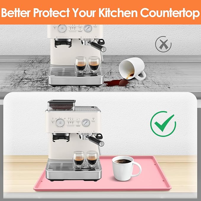 TOHONFOO Silicone Coffee Maker Mat with Lip, 19.7'' x 15'' Heavy Duty Coffee Maker Mat for Countertops, Coffee Tray Fit Under Coffee Machine Appliance Automatic Machines Espresso Accessory, Pink