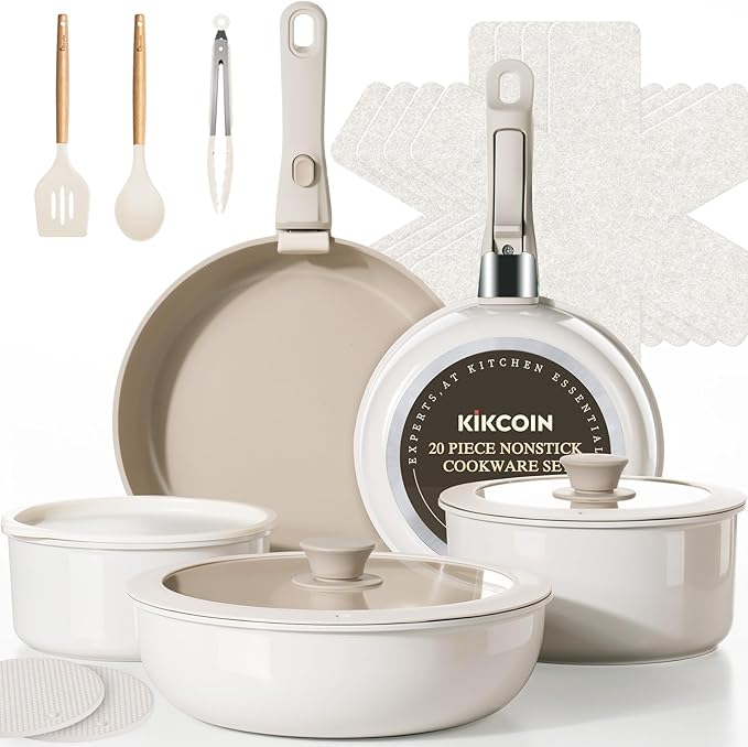 KIKCOIN Nonstick Pots and Pans Set, 20 Pack Cookware Set with Detachable Handle, Induction RV Kitchen Cooking Set with Removable Handle, Frying Pans - Dishwasher/Oven Safe, PFOA Free