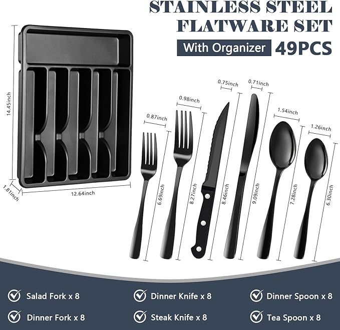 BEWOS 49-Piece Black Silverware Set with Organizer - Stainless Steel Silverware Set for 8 with Steak Knives and Drawer Organizer, Mirror Polished Flatware Set for Home and Restaurant, Dishwasher Safe
