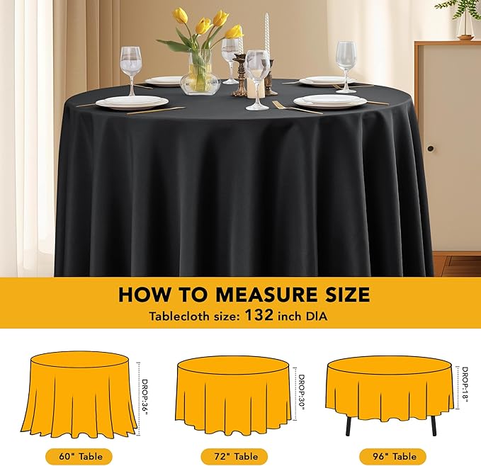 6-Pack Black Round Tablecloths, 132 Inches, Stain-Resistant Polyester for 6-8 Ft Round Tables - Washable Table Covers for Weddings, Banquets, Birthday Parties, Events