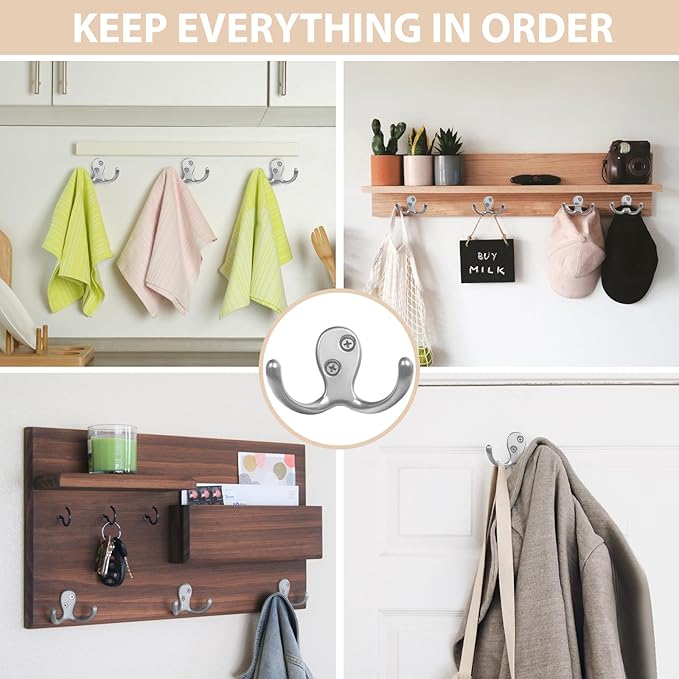 10 Pack Coat Hooks, Heavy Duty Double Prong Coat Hooks Wall Mounted with 20 Screws, No Rust Silver Metal Wall Hooks for Hanging Towel, Coat, Bag, Hat, Cup, Key