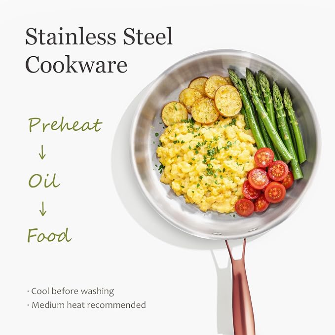 CAROTE 3-Piece Tri-Ply Stainless Steel Frying Pan Set, Skillet Set 8"/10"/12", Induction Compatible, Oven & Dishwasher Safe, Gold Handle