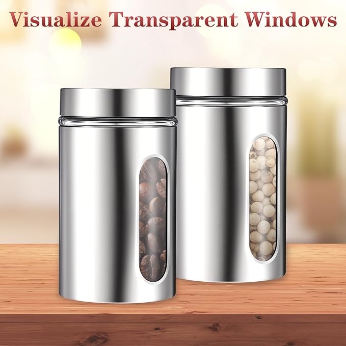 3 Pack Large Kitchen Canisters Set Airtight Coffee Sugar Tea Candy Storage Jars with Window Glass Stainless Steel Containers with Lids for Flour Cookies Spices Grains Kitchen Decorations(32 oz)