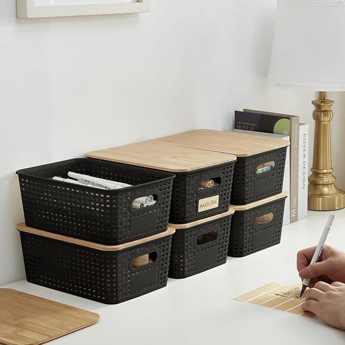 Bagnizer Small Plastic Storage Bins with Bamboo Lids 5.2qt Stackable Box Basket Pantry Decorative Containers Cute with Labels for Organizing Desktop Closet Office Black of 6 packs 10 * 7.2 * 4.1"