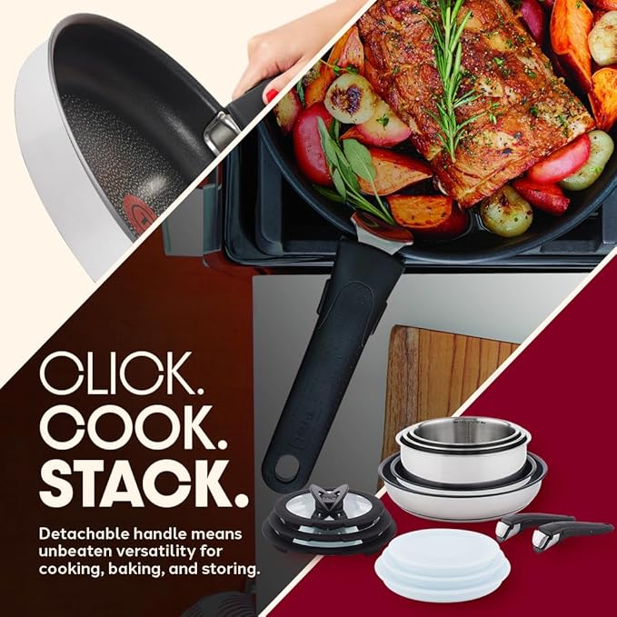 T-fal Ingenio Expertise Stainless Steel Cookware Set 13 Piece, Induction, Stackable Cookware, Pots and Pans Set, RV, Camping, Kitchen Fry Pans, Dishwasher Safe, Detachable/Removable Handle, Silver