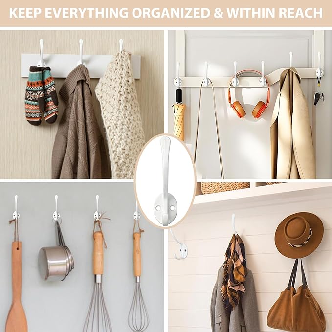 10 Pack Coat Hooks Wall Mounted with 20 Screws, Heavy Duty White Towel Hooks Metal Double Hooks, No Rust Retro Rustic Wall Hooks for Hanging Towel, Coat, Scarf, Bag, Hat, Cup, Key