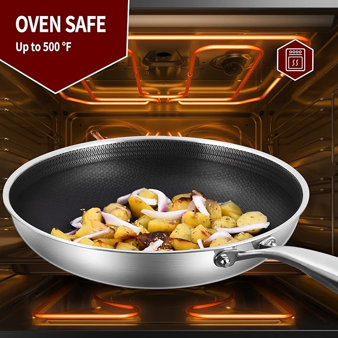 LOLYKITCH 10-12 Inch Tri-ply Hybrid Nonstick Stainless Steel Sauté Pan with Lids,Deep Frying Pan Set,Skillets,Induction Pots and Pans,Heavy Duty and Oven Safe,Detachable Handle.