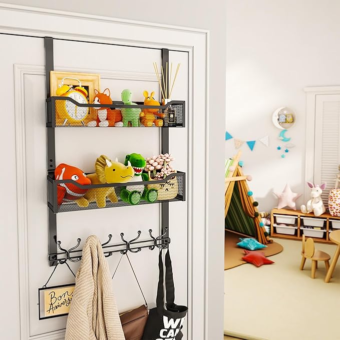 SWTYMIKI Over The Door Hooks Organizer - Multi-Functional Door Hanger with 16 Hooks & 2 Mesh Baskets, Long Coat Rack for Bathroom, Bedroom, Living Room, Home Storage Organizer, Black