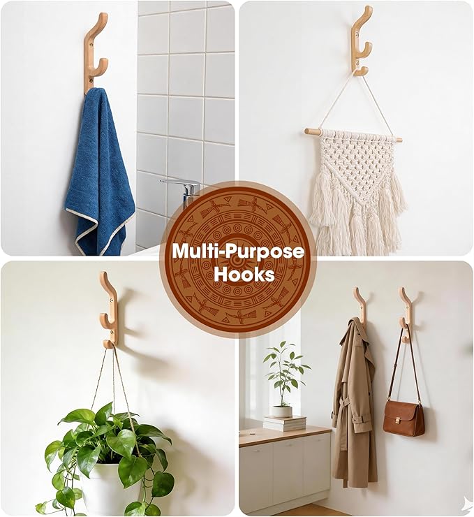 Wooden Wall Hook for Coat and Towel – 2 Pack Beech Wood Hooks for Heavy Bags, Towels, Hats & Clothes, WCH3B, Wall Mounted 3 Curved Hooks Design, Modern Home Decor, Patent Pending, Large