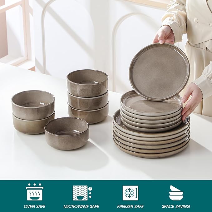 vancasso PLAYA Plates and Bowls Sets, 18 Pieces Dark Brown Dinnerware Sets for Kitchen, Reactive Glaze Dishes Set for 6, Dishwasher and Microwave Safe