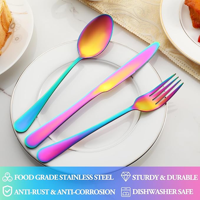60 Pcs Rainbow Silverware Set Service for 12,Stainless Steel Flatware Serving Sets,Kitchen Tableware Set,Utensil Set for Home and Restaurant,Knives Forks Spoons Set,Mirror Polished,Dishwasher Safe