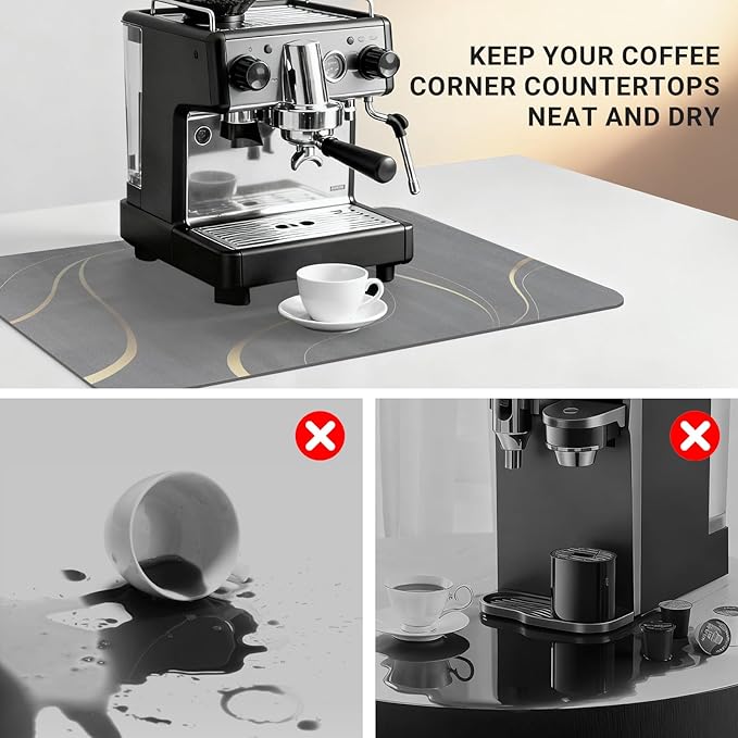 Coffee Mat 32x18 Inch, Irregular Gray Streamline Coffee Bar Mat, Absorbent Hide Stain Rubber Backed Dish Drying Mat for Kitchen Counter, Mat for Countertops, Under Coffee Machine Pot Espresso Staion