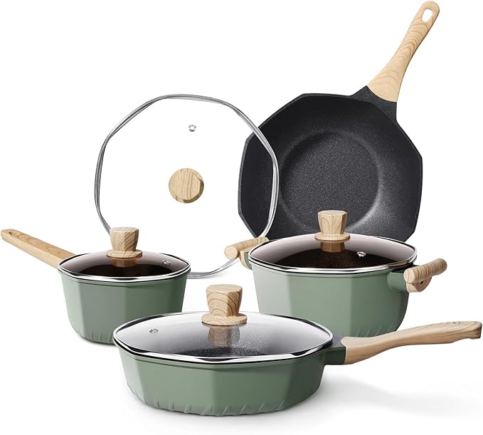 RealCool Pots and Pans Set Non Stick, 8 Pieces Induction Cookware, Octagon Nonstick Kitchen Cookware Sets with Frying Pans/Casserole/Saucepan(PFOS, PFOA Free)