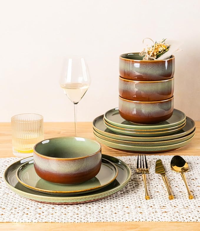 TheTerra Ceramic Dinnerware Sets for 8, 24 Pieces Handmade Reactive Glaze Plates and Bowls Set, Scratch Resistant Dish Set, Oven & Microwave & Dishwasher Safe, Sage Umber