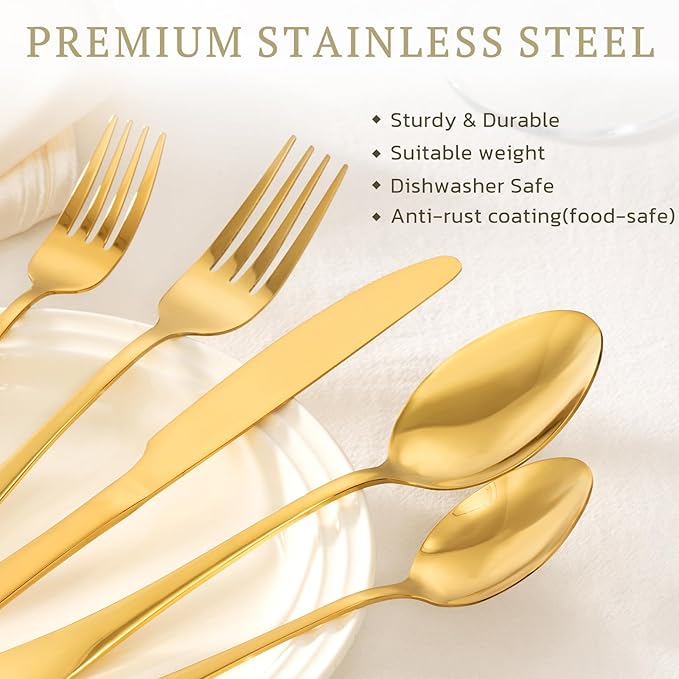 Astercook Silverware Set 48-Piece Gold Flatware Set with Steak Knives Food-Grade Stainless Steel Cutlery Set for 8 Mirror Polished Utensils Set Include Spoons and Forks for Home Kitchen Restaurant