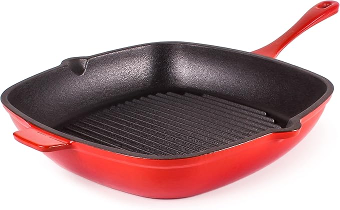 BergHOFF 3Pc Neo Enameled Cast Iron Cookware Set, 3qt. Dutch Oven, Matching Lid, Square Grill Pan 11 Inches, Oven Safe Up To 400°F, Red
