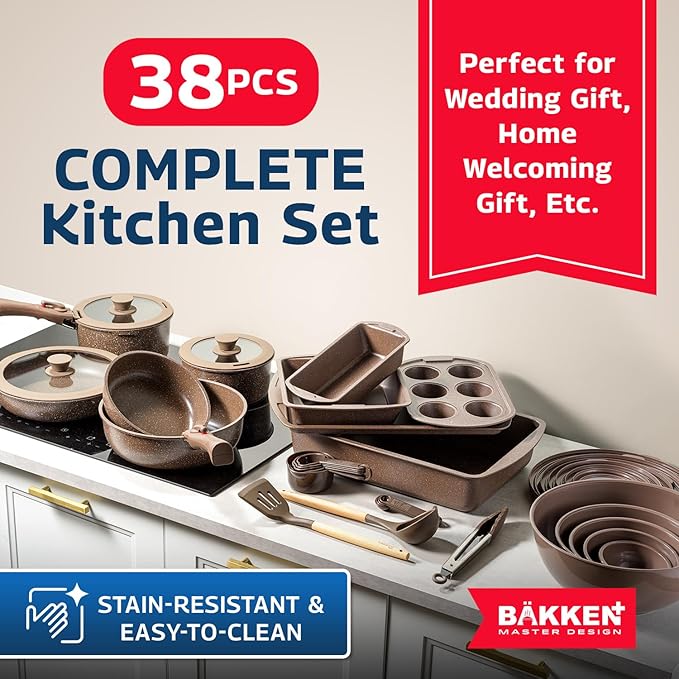 Bakken Master 38 Piece Granite Cookware and Bakeware Set – Nonstick Granite Coating, Pots and Pans with Detachable Handles and Tempered Glass Lids, 6-piece Bakeware set, 12-piece Mixing Bowls,Brown