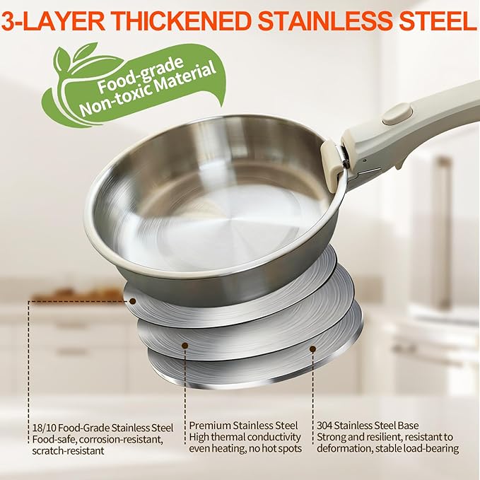 Stainless Steel Pan With Detachable Handle - 11''/9.5''/8'' 304 Stainless Steel Pots and Pans set, Induction Compatible, Dishwasher Safe, Fast & Even Heating, Thickened & Long-Lasting