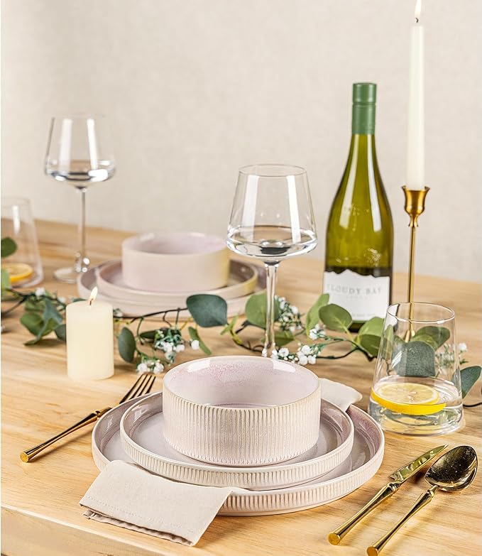 TheTerra Ceramic Dinnerware Sets for 8, 24 Pieces Porcelain Lightweight Plates and Bowls Sets, Scratch Resistant Dish Set, Oven & Microwave & Dishwasher Safe, Primrose Pink
