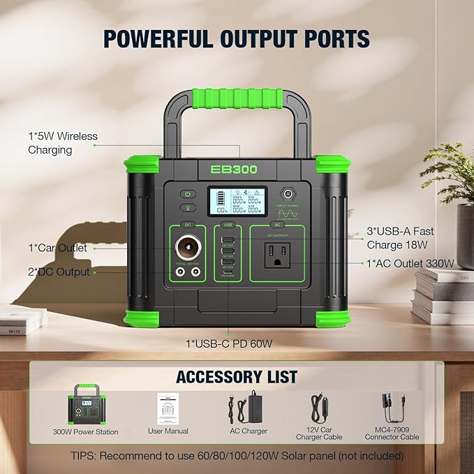 Portable Power Station 300W, GRECELL 288Wh Solar Generator with 60W USB-C PD Output, 110V Pure Sine Wave AC Outlet Backup Lithium Battery for Outdoors Camping Travel Home Blackout