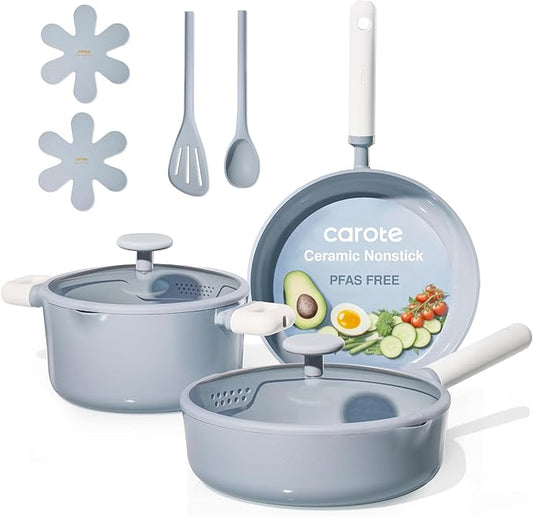 CAROTE Pots and Pans Set Nonstick, Ceramic Cookware Set, Blue Cooking Set Kitchen Induction Set with Steamer, PFAS PTFE Free,9 Piece