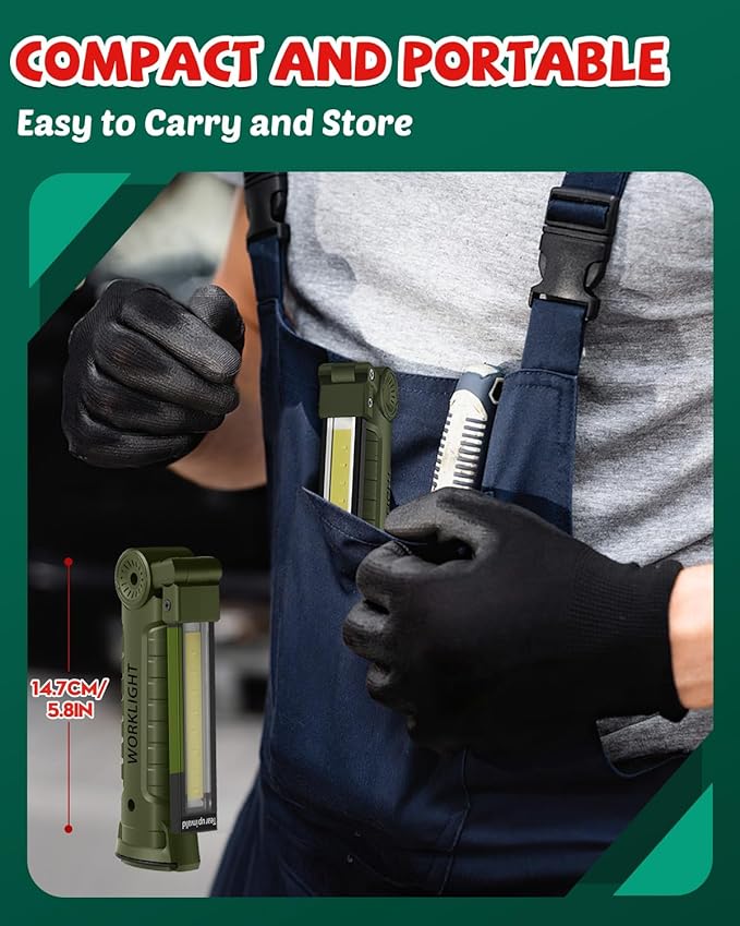Coquimbo Tool Gifts for Men Him, Rechargeable LED Work Light Grill Light with Magnetic Base and Hook 5 Modes 360° Rotate Mechanic Light Dad Husband Mens Birthday Gifts (2 Pack Green)
