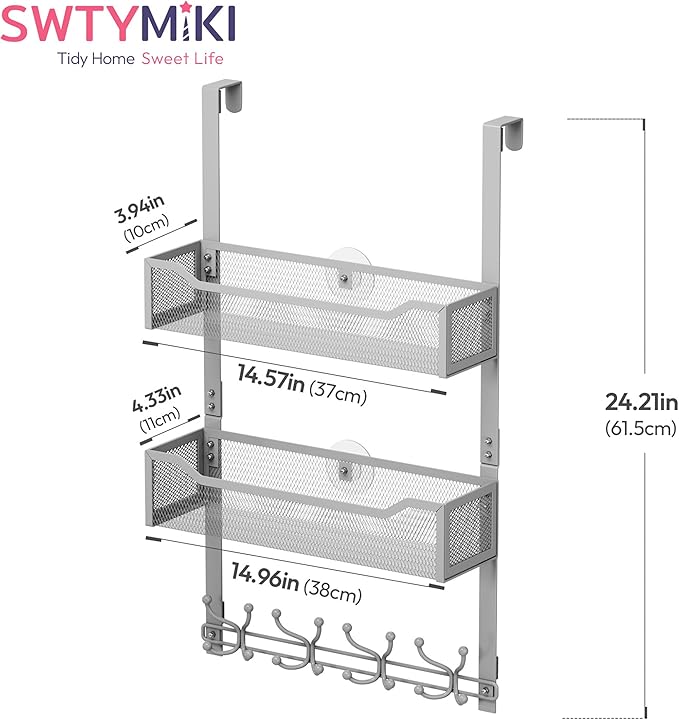 SWTYMIKI Over The Door Hooks Organizer - Multi-Functional Door Hanger with 16 Hooks & 2 Mesh Baskets, Long Coat Rack for Bathroom, Bedroom, Living Room, Home Storage Organizer, Gray