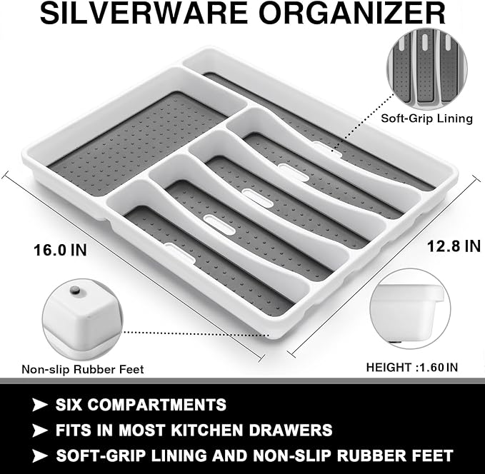 49-Piece Silverware Set with Organizer, Food-Grade Stainless Steel Flatware for 8, Cutlery Utensil Sets with Steak Knives, Rust-proof, Mirror Polished, Dishwasher Safe, Silver Roman Column