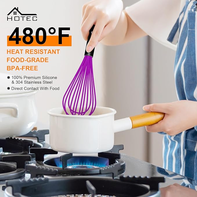HOTEC 4 Pieces Silicone Whisks for Cooking, Wire Balloon Whisks Egg Beater, Non-Slip Handle Whisk for Non-Stick Cookware Perfect for Stirring, Beating and Blending, Stainless Steel, Purple