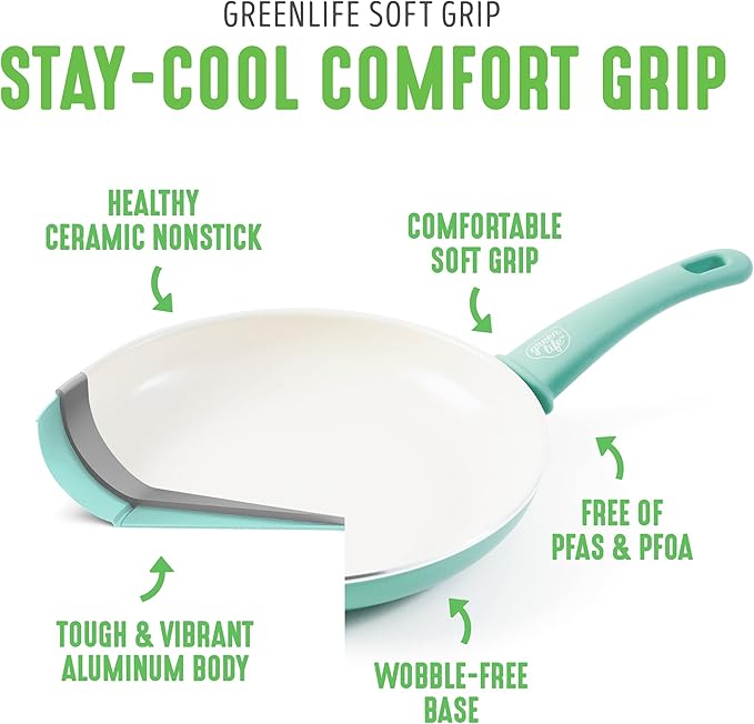 GreenLife Soft Grip Healthy Ceramic Nonstick, 15 Piece Cookware Pots and Pans Set, Induction, PFAS-Free, Dishwasher Safe, Turquoise