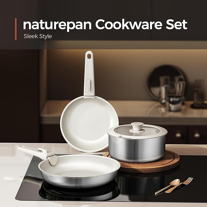 5pcs Nonstick Cookware Set, Diamond-Titanium Ceramic Coating & 3 Layer Stainless Steel Pots and Pans Set with Detachable Handle, Dishwasher Safe, Induction Compatible, Oven Safe, White