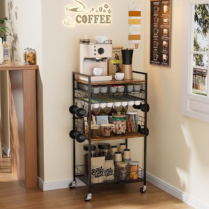 Homsorout Coffee Bar Station with Storage Drawer - 5 Tier Coffee Table Countertop Organizer for K Cups, Tea Bags, Sugar Storage and Kitchen Cabinets (Brown)