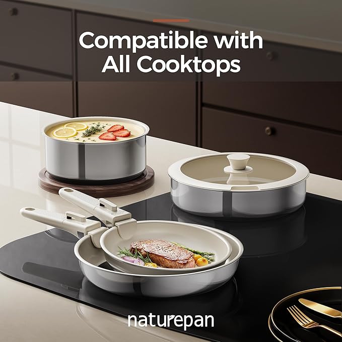 5pcs Nonstick Cookware Set, Diamond-Titanium Ceramic Coating & 3 Layer Stainless Steel Pots and Pans Set with Detachable Handle, Dishwasher Safe, Induction Compatible, Oven Safe, White