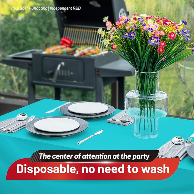 Plastic Table Cloth, 310 Ft X 54 In Disposable Tablecloth Light Blue Tablecloth Premium PEVA Plastic Table Cloth Disposable with Any Cut Sliding Cutters for Picnics, Parties, Birthdays, Festivals