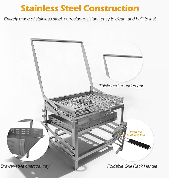 Ergocar Charcoal Grill Outdoor Multi-Function Portable Rotatable Adjustable Height 4-Tier Charcoal Tray Ideal For Outdoor Smoking, Picnics, Camping Barbecues