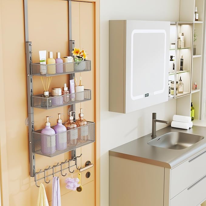 Consumest Over The Door Hooks Organizer - 4 Tier Door Coat Rack with 3 Baskets and 12 Hooks, Stainless Steel Towel Hanger for Bedroom, Bathroom, Living Room, Silver