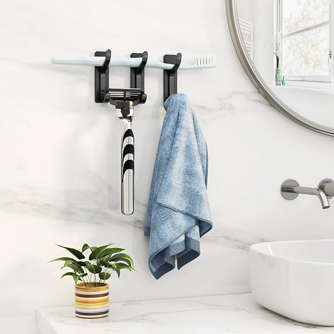 niffgaff Wall Hooks for Coat and Towel: 13lb Adhesive Door Hanger Stick On, Sticky Hook for Wall, Closet, Bathroom - Black, 4 Pack