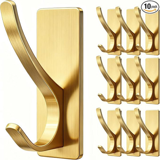 10 Pack Brushed Gold Self Adhesive Coat Hooks for Hanging: 13LB Extra Strong Stainless Double Wall Hook for Towel, Backpack, Hat, Sturdy Metal Hanger for Bathroom, Bedroom, Door, Wall Mounted