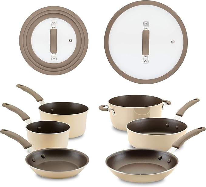 Rachael Ray Cook + Create Nonstick Cookware Pots and Pans Set, Includes Baking Sheet Pan and Cooking Utensil, 10 Piece - Almond