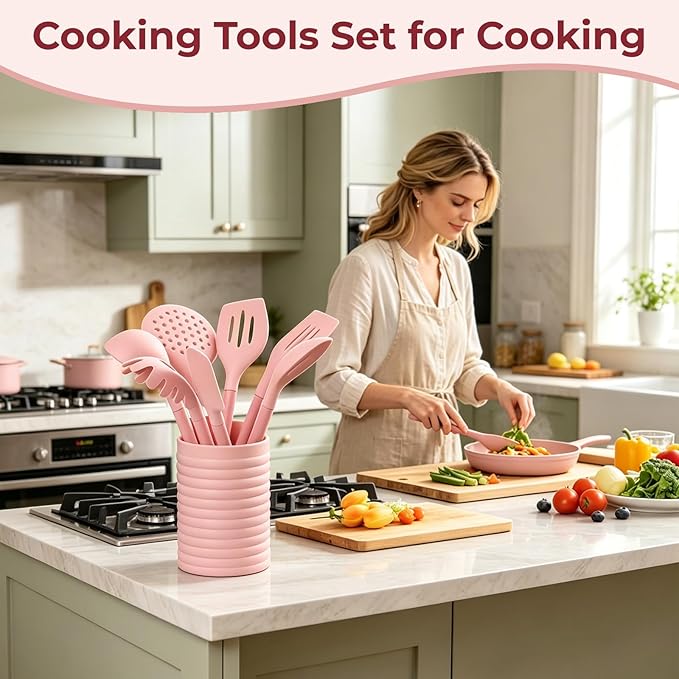 Silicone Kitchen Utensil Set,8 Pieces Cooking Kitchen Utensils Set, Spatula, Spoon, Non Stick Silicone Gadgets Utensil Set with Holder,Heat Resistant Cooking Tools Set for Cooking, BPA Free (Pink)